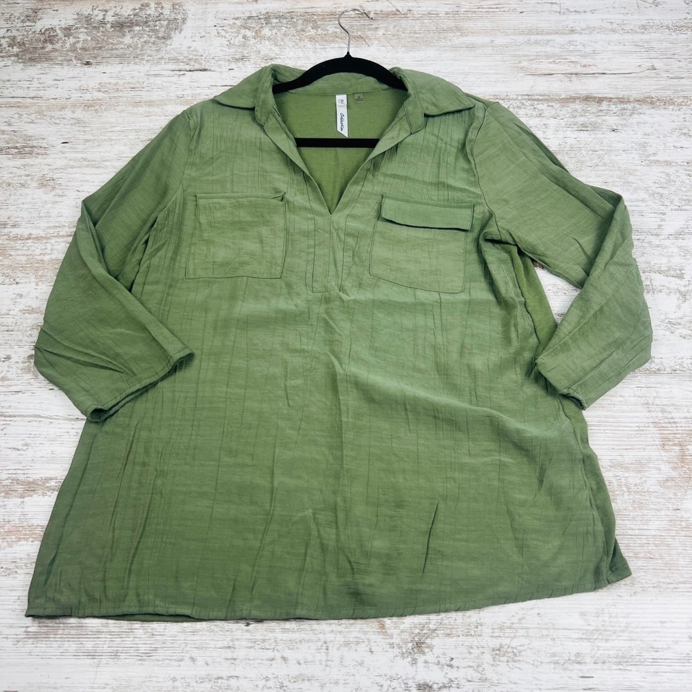 NY Collection Womens M Green V Neck Tunic Blouse Mixed Media Crinkle Gauze Shirt
